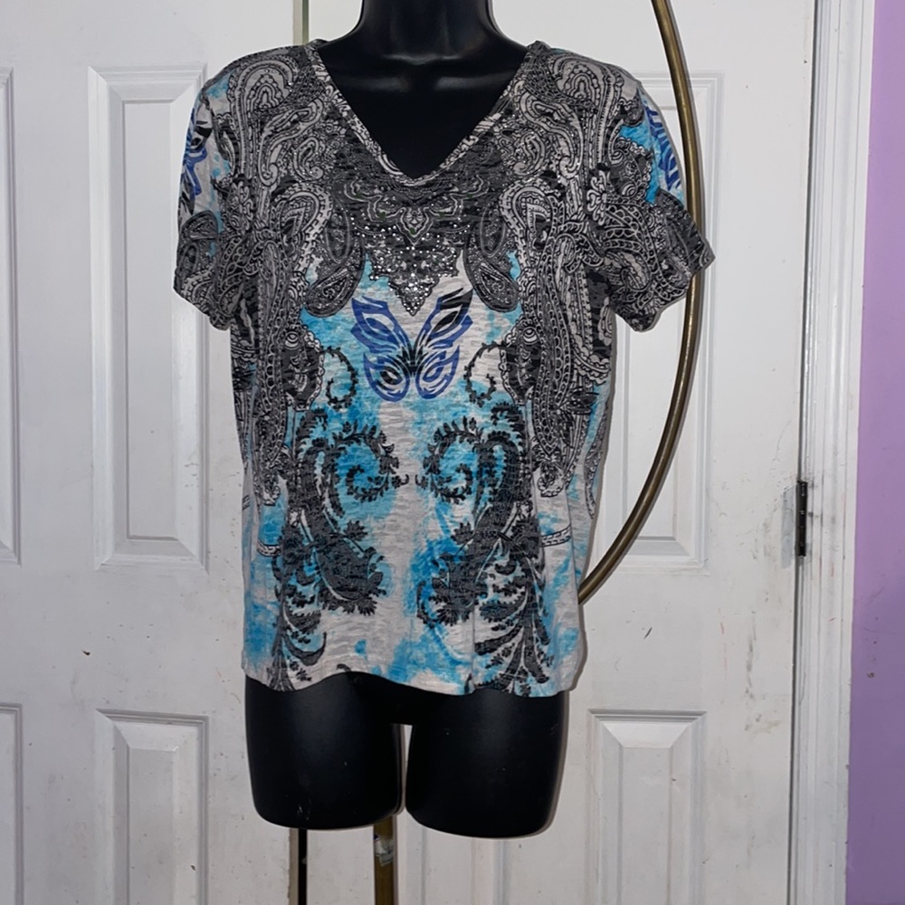 Knit de Knit Blue Paisley Bling Top - Size L